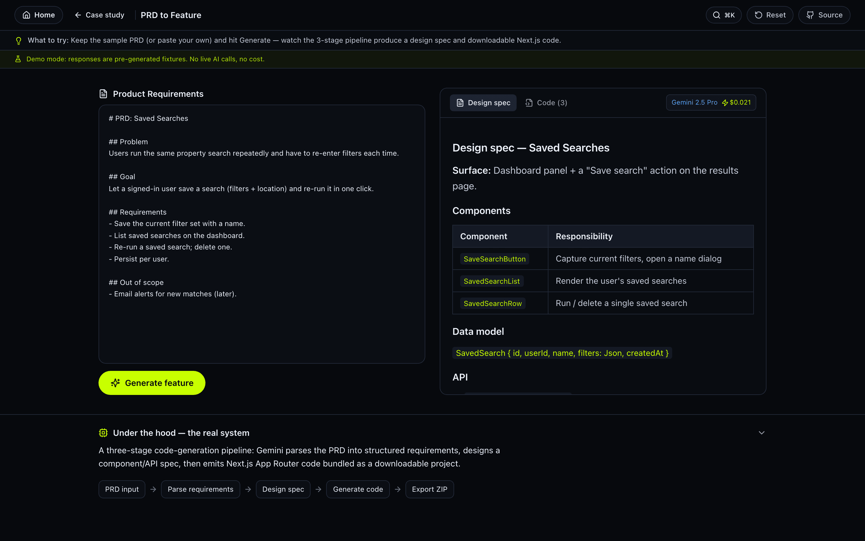 PRD to Feature — interactive demo screenshot